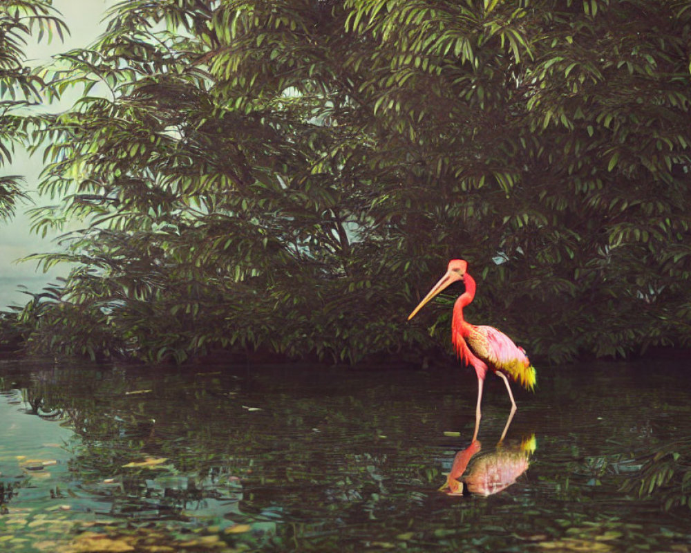 Pink flamingo in tranquil green waters among lush foliage