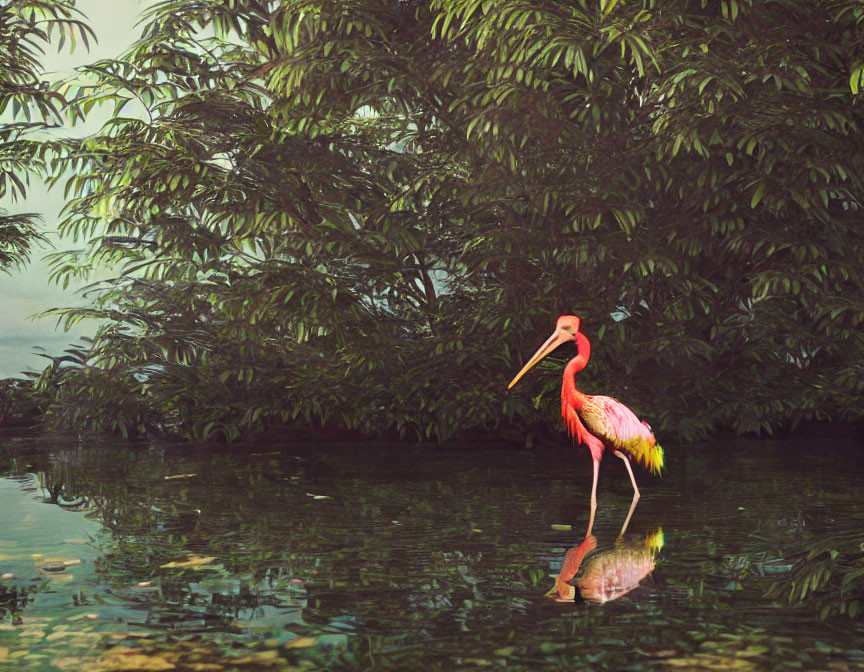 Pink flamingo in tranquil green waters among lush foliage