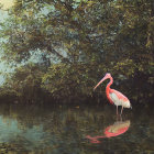 Pink flamingo in tranquil green waters among lush foliage