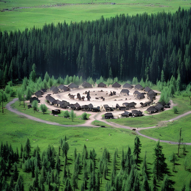 Circular village nestled in dense forest with clustered houses and winding road.