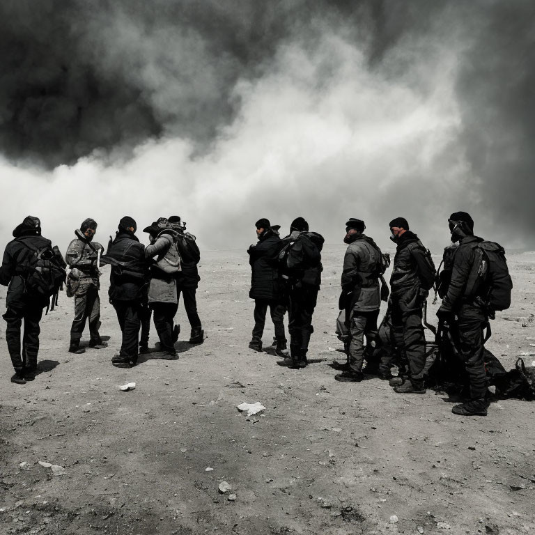 Group of people in dark clothing discussing under brooding sky