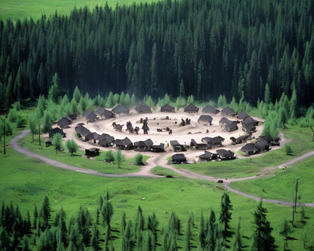 Circular village nestled in dense forest with clustered houses and winding road.