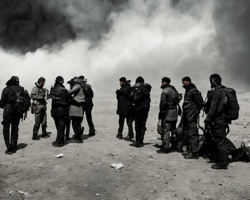 Group of people in dark clothing discussing under brooding sky