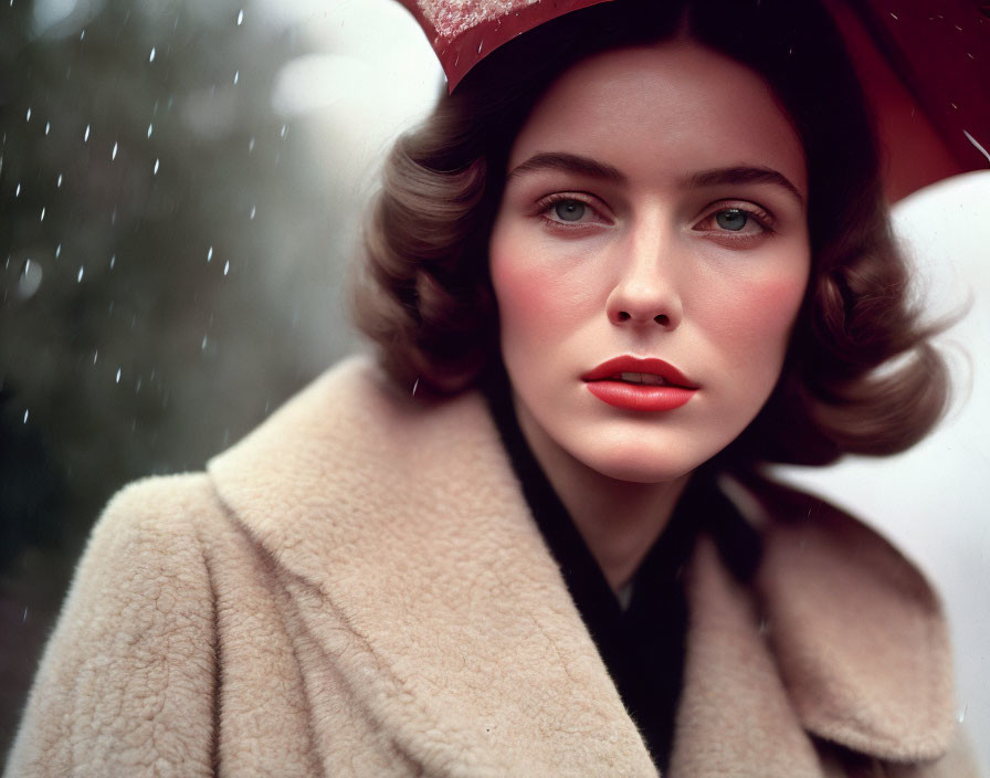 Woman in Red Lipstick and Beige Coat with Red Hat in Rainy Setting