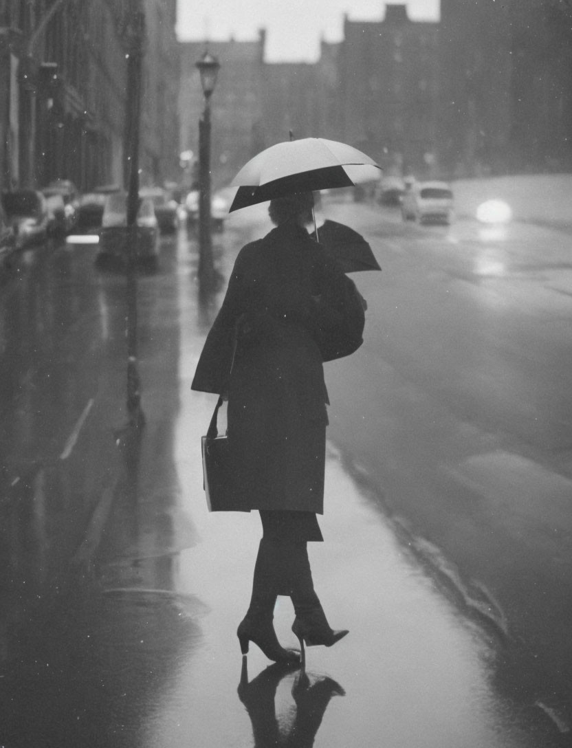 Rainy city street scene with person holding umbrella in black and white tones