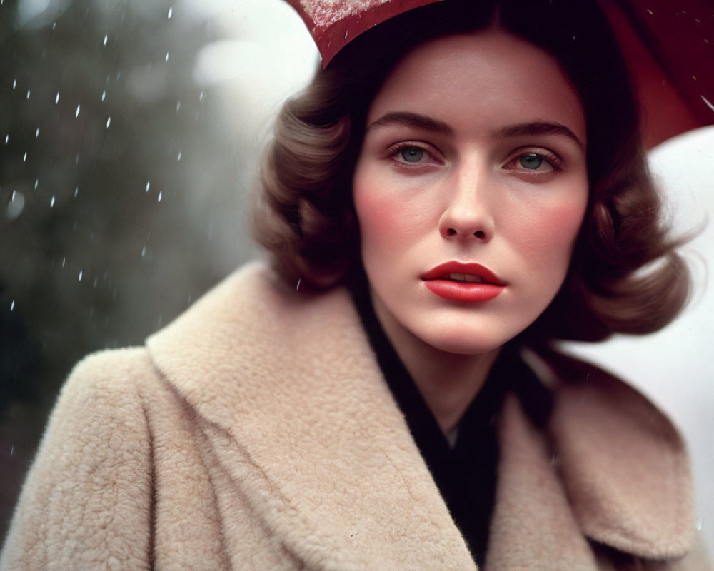 Woman in Red Lipstick and Beige Coat with Red Hat in Rainy Setting