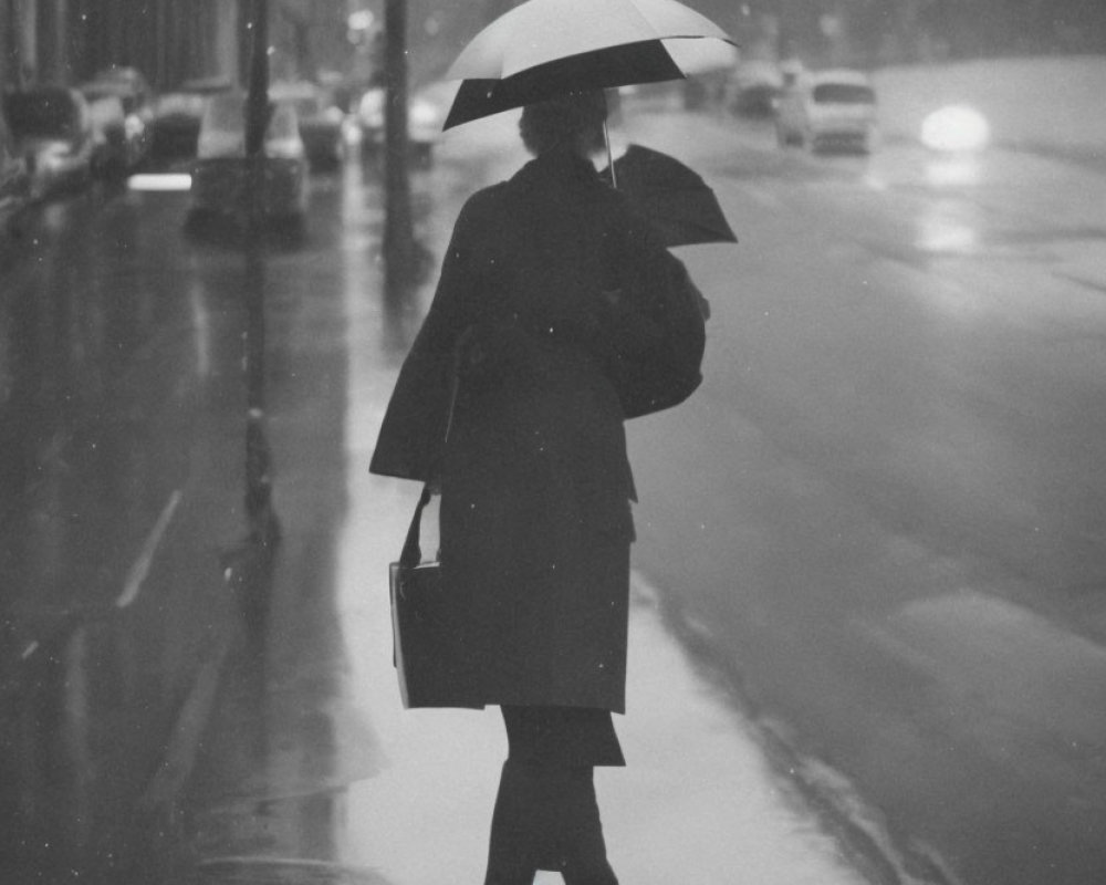 Rainy city street scene with person holding umbrella in black and white tones