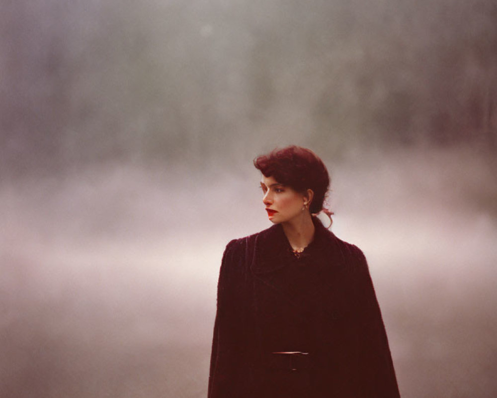 Woman in dark coat on misty road with foggy trees.