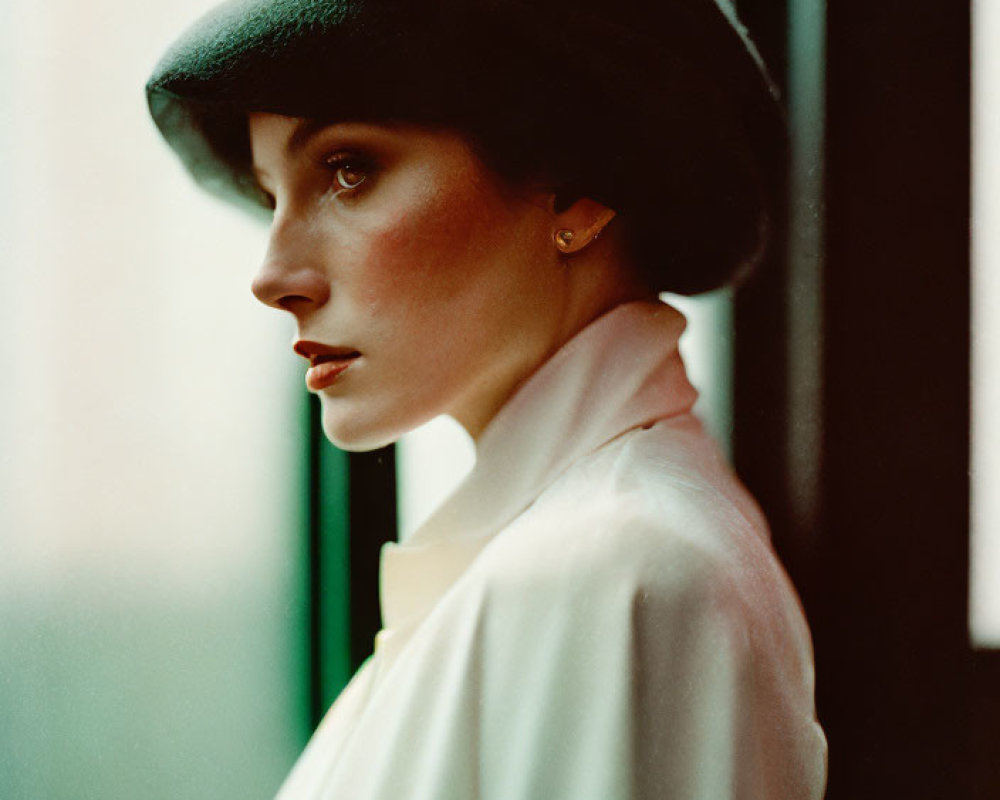 Vintage Black Hat and White Coat Woman Portrait with Green Background