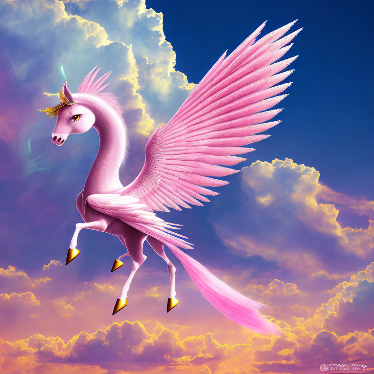 Pink Winged Unicorn with Golden Horn Flying in Vibrant Sky