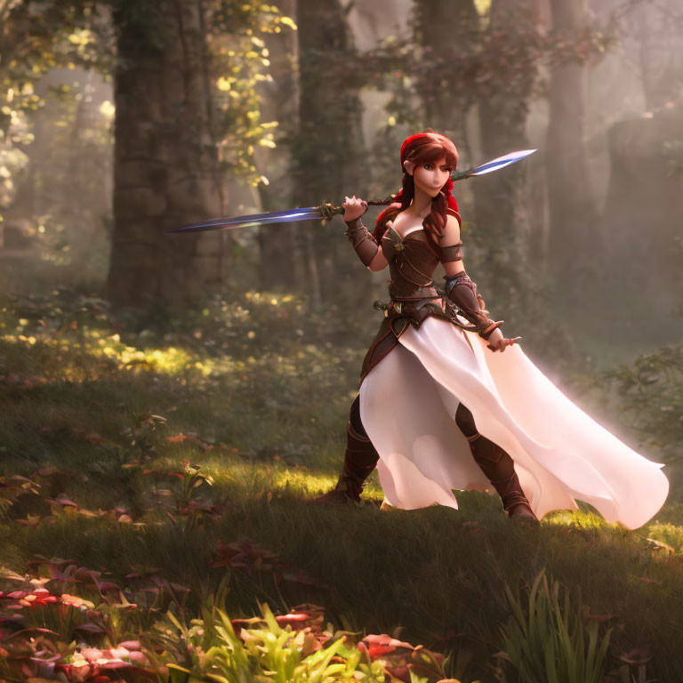 Red-haired female warrior in brown armor wields glowing blue swords in forest sunlight.