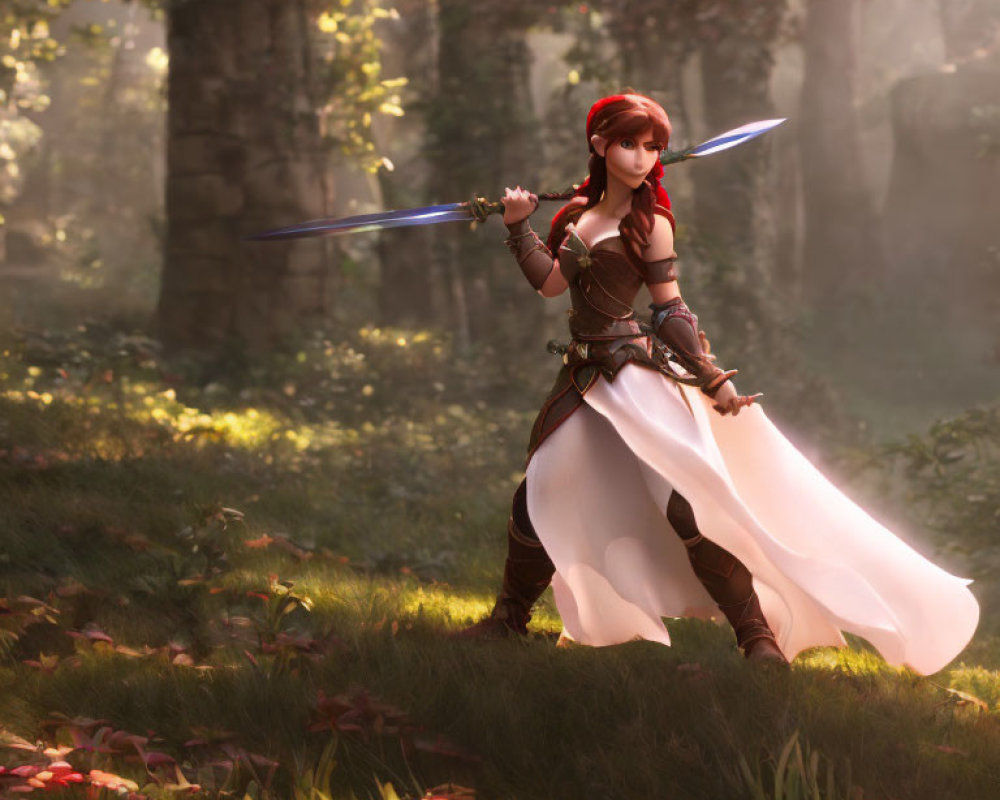 Red-haired female warrior in brown armor wields glowing blue swords in forest sunlight.