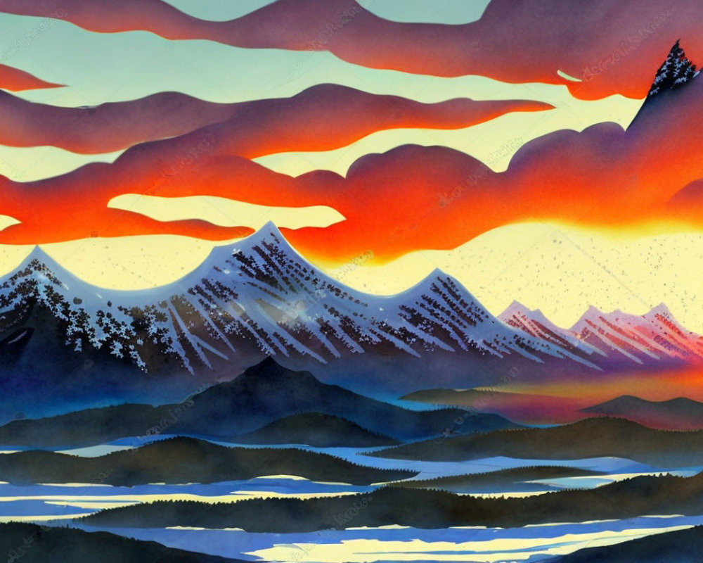 Vibrant sunset landscape: fiery sky, layered hills, serene lake