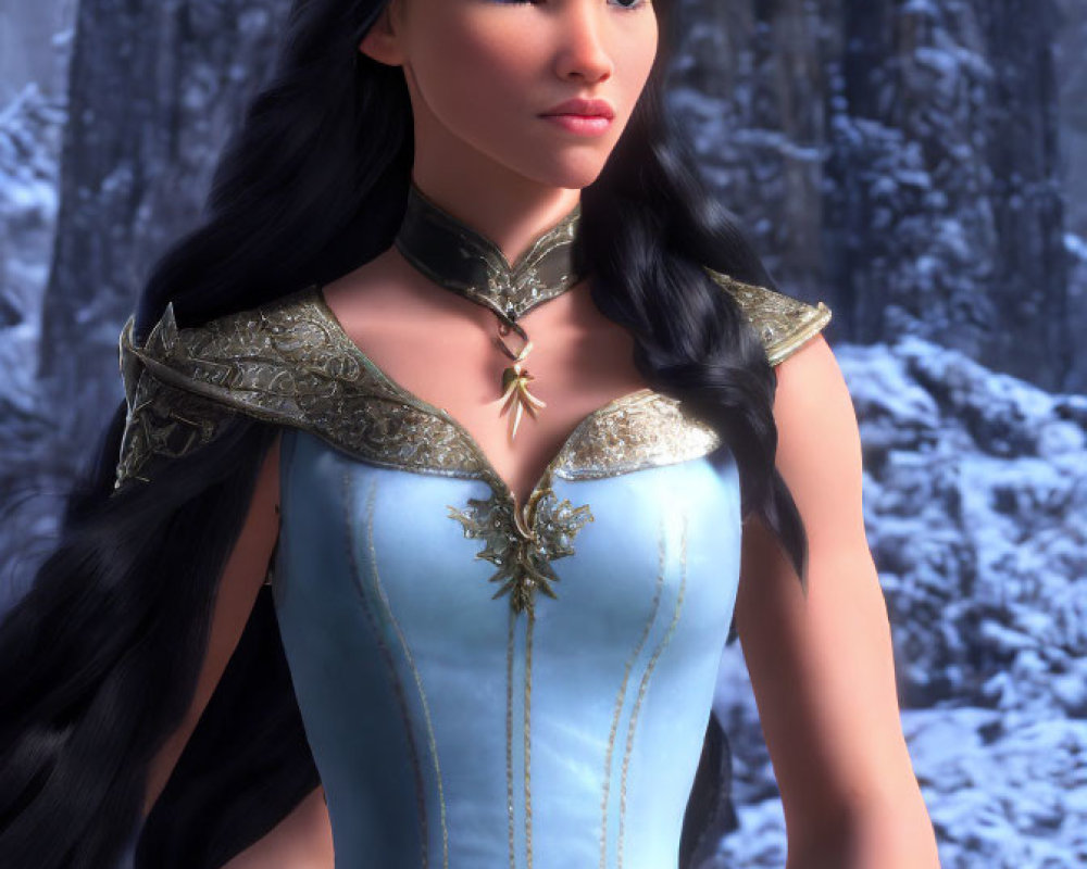 Long-haired female character in blue dress and golden armor in snowy forest.