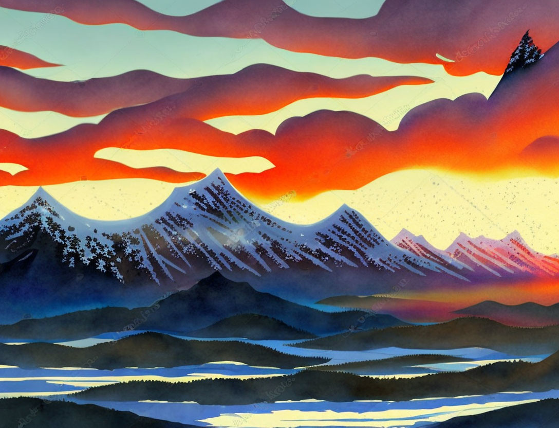 Vibrant sunset landscape: fiery sky, layered hills, serene lake