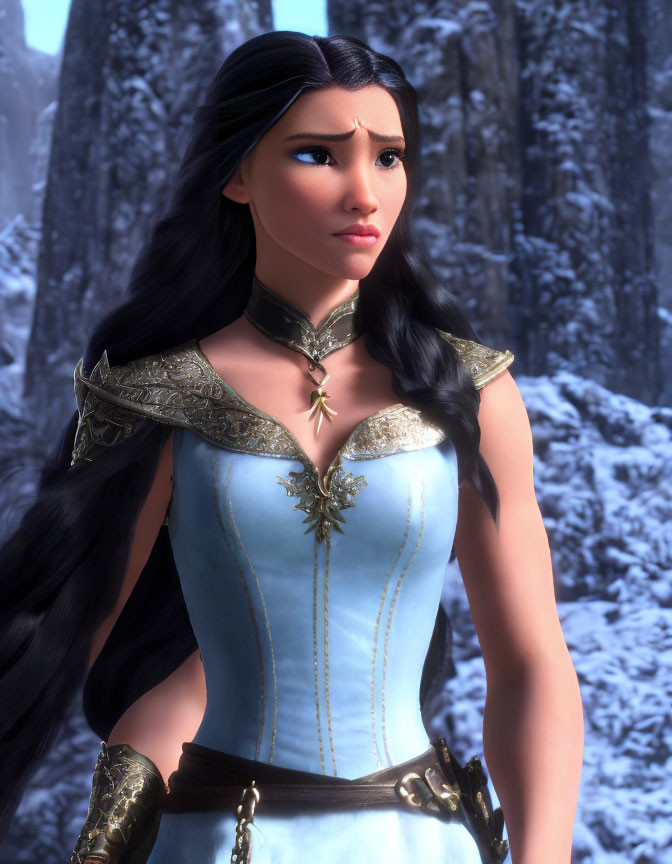 Long-haired female character in blue dress and golden armor in snowy forest.