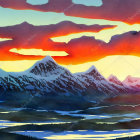 Vibrant sunset landscape: fiery sky, layered hills, serene lake