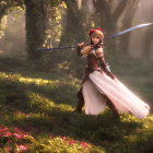 Red-haired female warrior in brown armor wields glowing blue swords in forest sunlight.