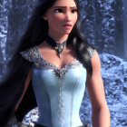 Long-haired female character in blue dress and golden armor in snowy forest.