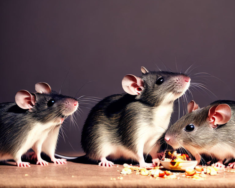 Three pet rats with sleek fur around a treat-filled bowl on a soft brown backdrop