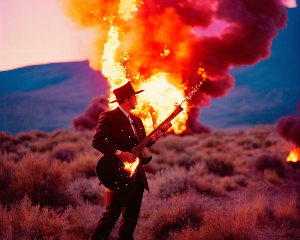 Person in suit and fedora plays electric guitar by fireball in field at dusk