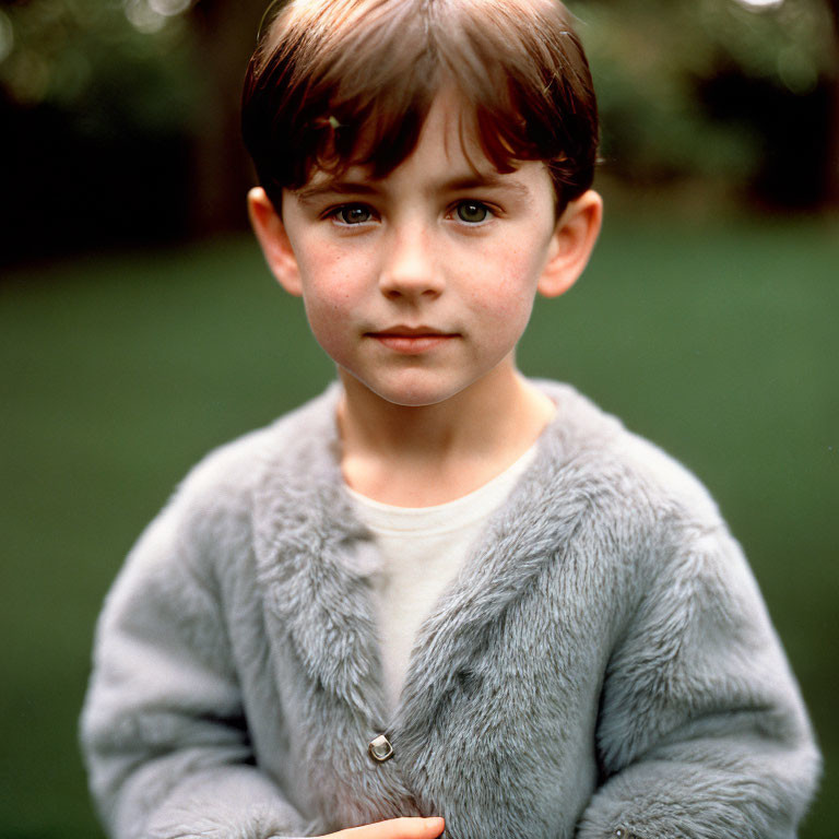 Young child in gray furry coat, standing outdoors with focused gaze.