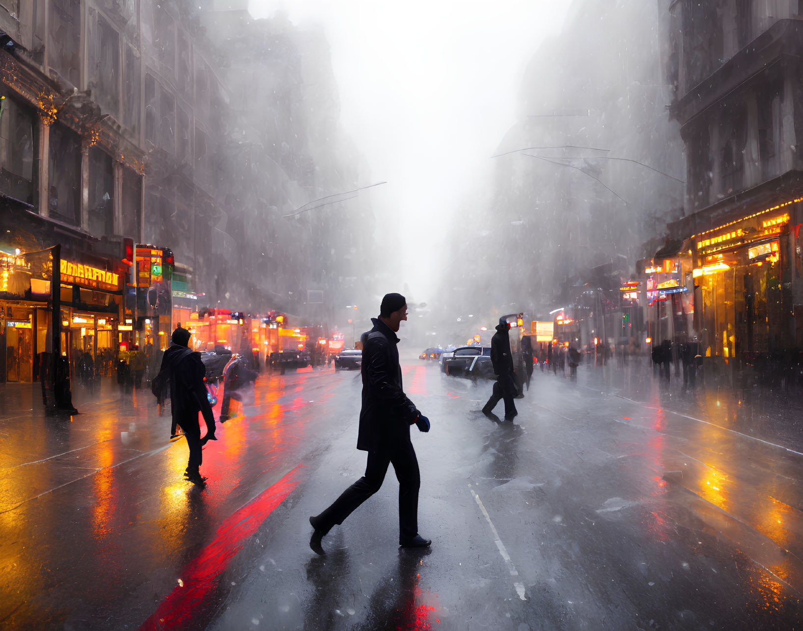 Pedestrians on foggy city street with neon signs and cars.