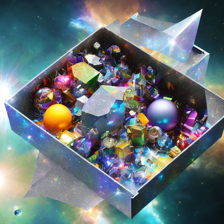 Colorful Cosmic-Themed 3D Box with Glittering Geometric Shapes