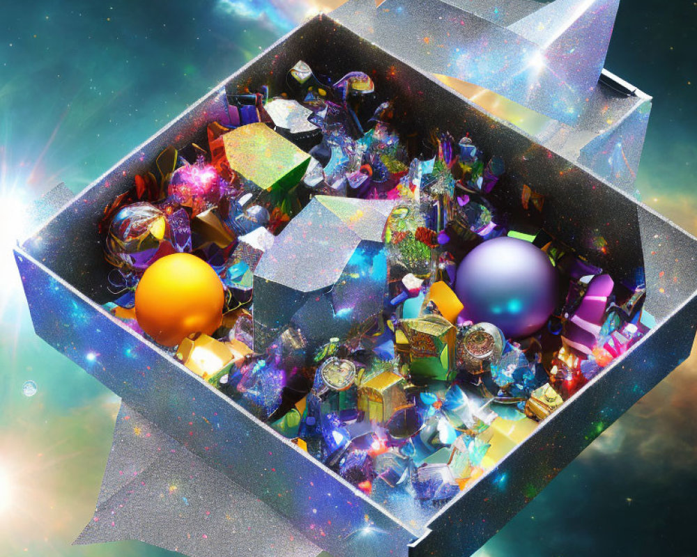 Colorful Cosmic-Themed 3D Box with Glittering Geometric Shapes