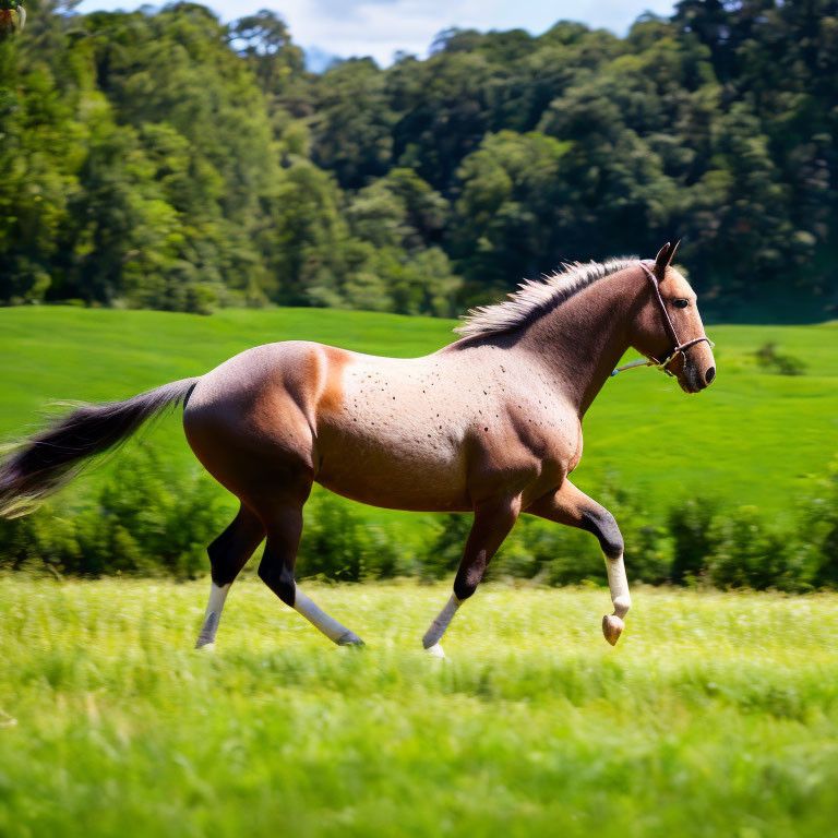 Brown horse with white-blazed face trotting in lush green field