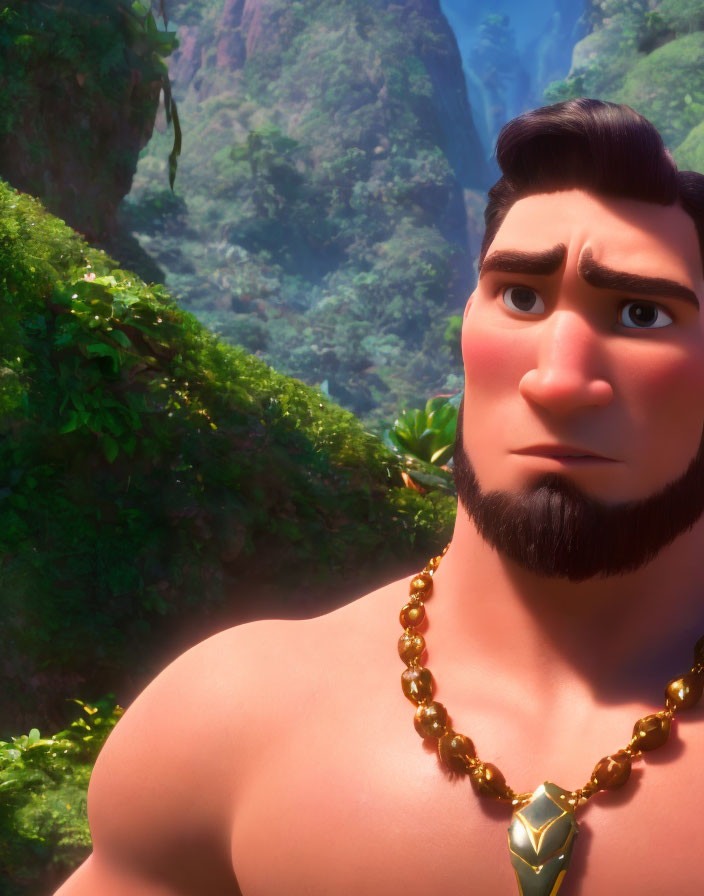 Animated character with broad shoulders and thick eyebrows in forest setting