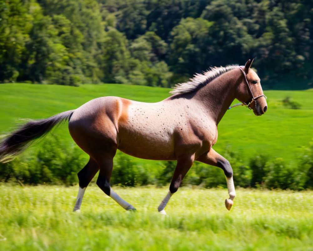 Brown horse with white-blazed face trotting in lush green field