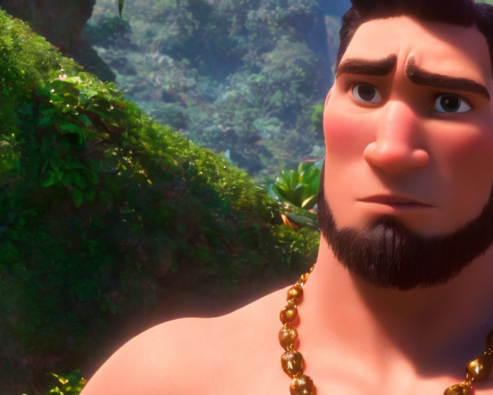 Animated character with broad shoulders and thick eyebrows in forest setting