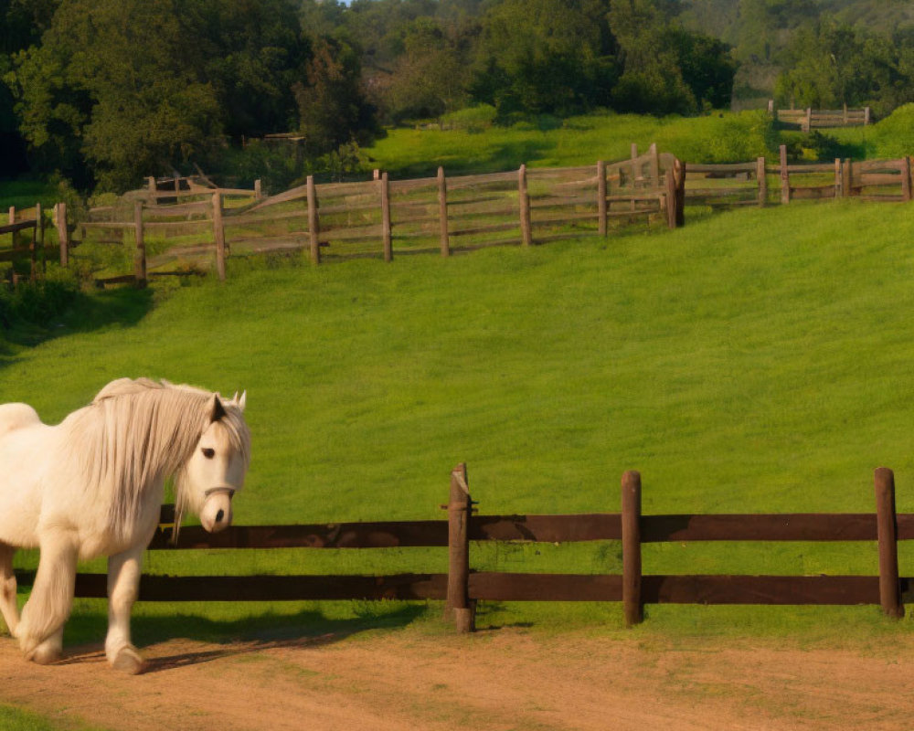 White Horse by Wooden Fence in Lush Green Pasture