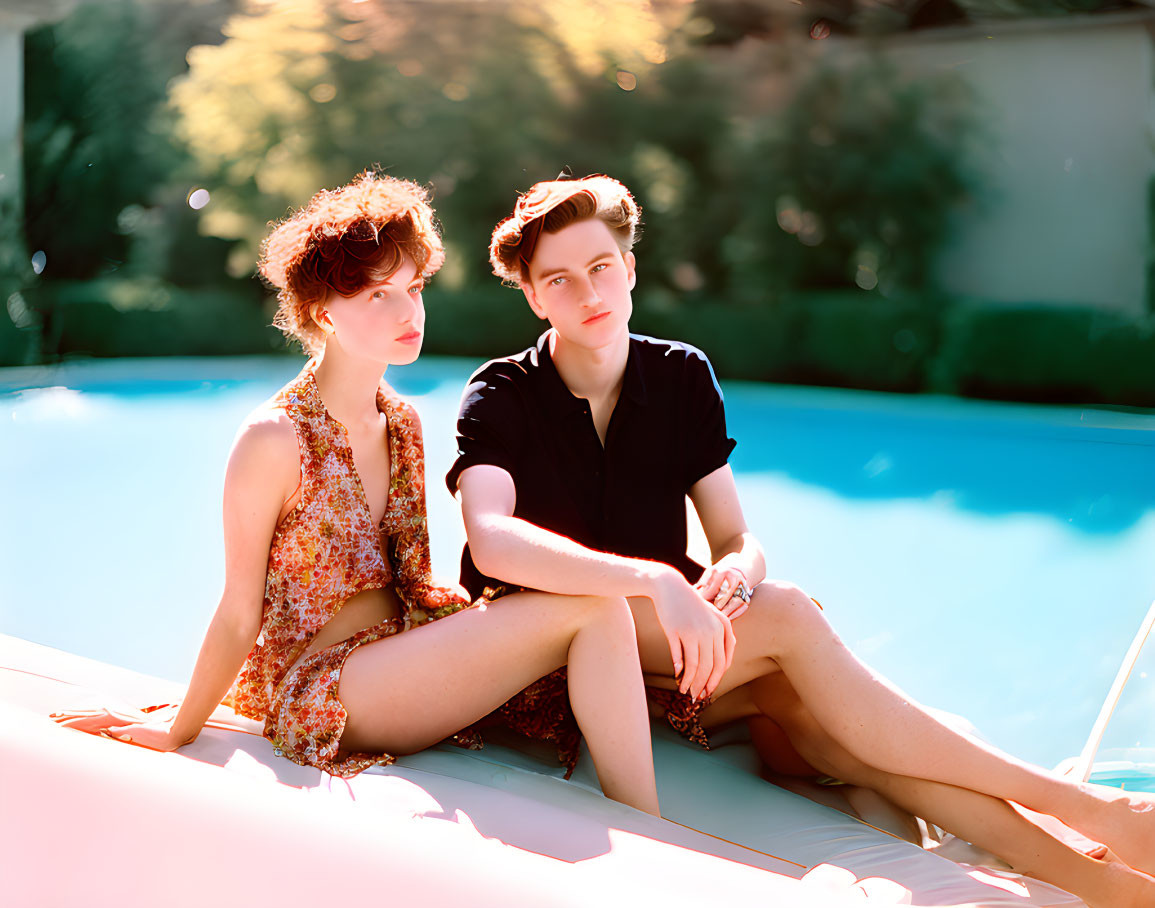 Young couple by poolside: female in floral dress, male in black shirt, basking in sunlight