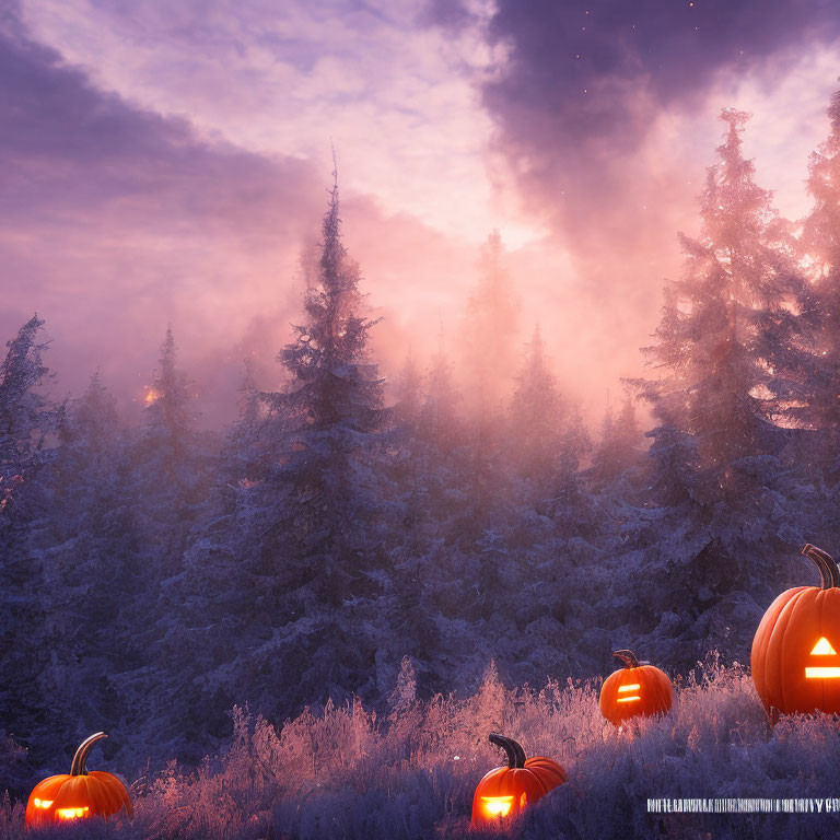 Snow-covered trees and Jack-o'-lanterns in twilight forest scene