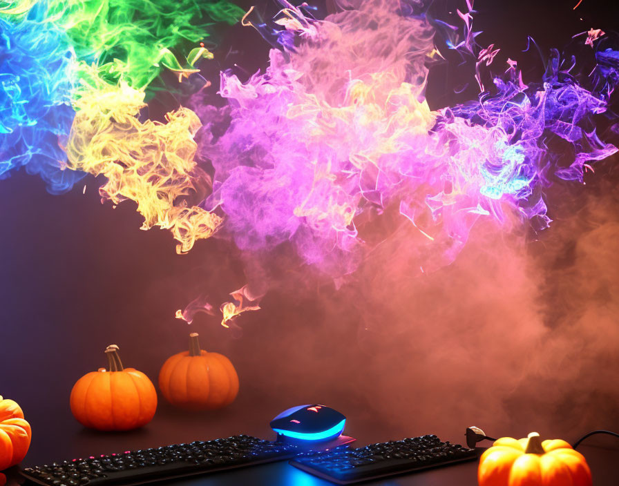 Colorful Smoke Over Gaming Setup with Keyboard, Mouse, and Pumpkins