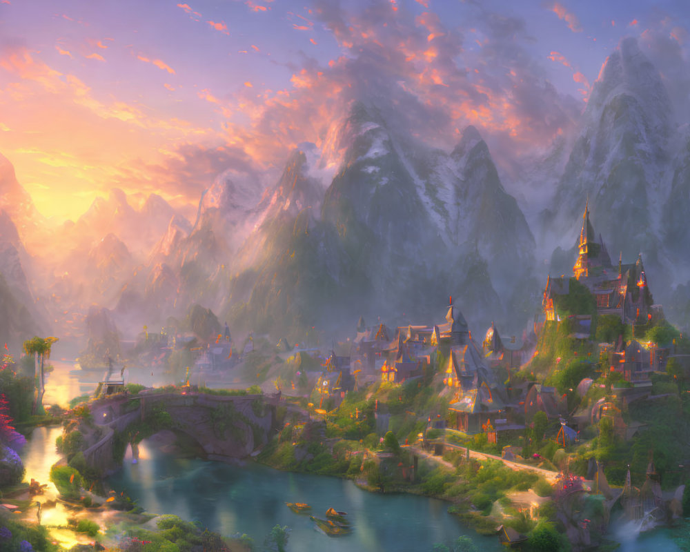 Fantasy landscape with glowing sunset over picturesque village nestled among mountains, castle, rivers, lush flora