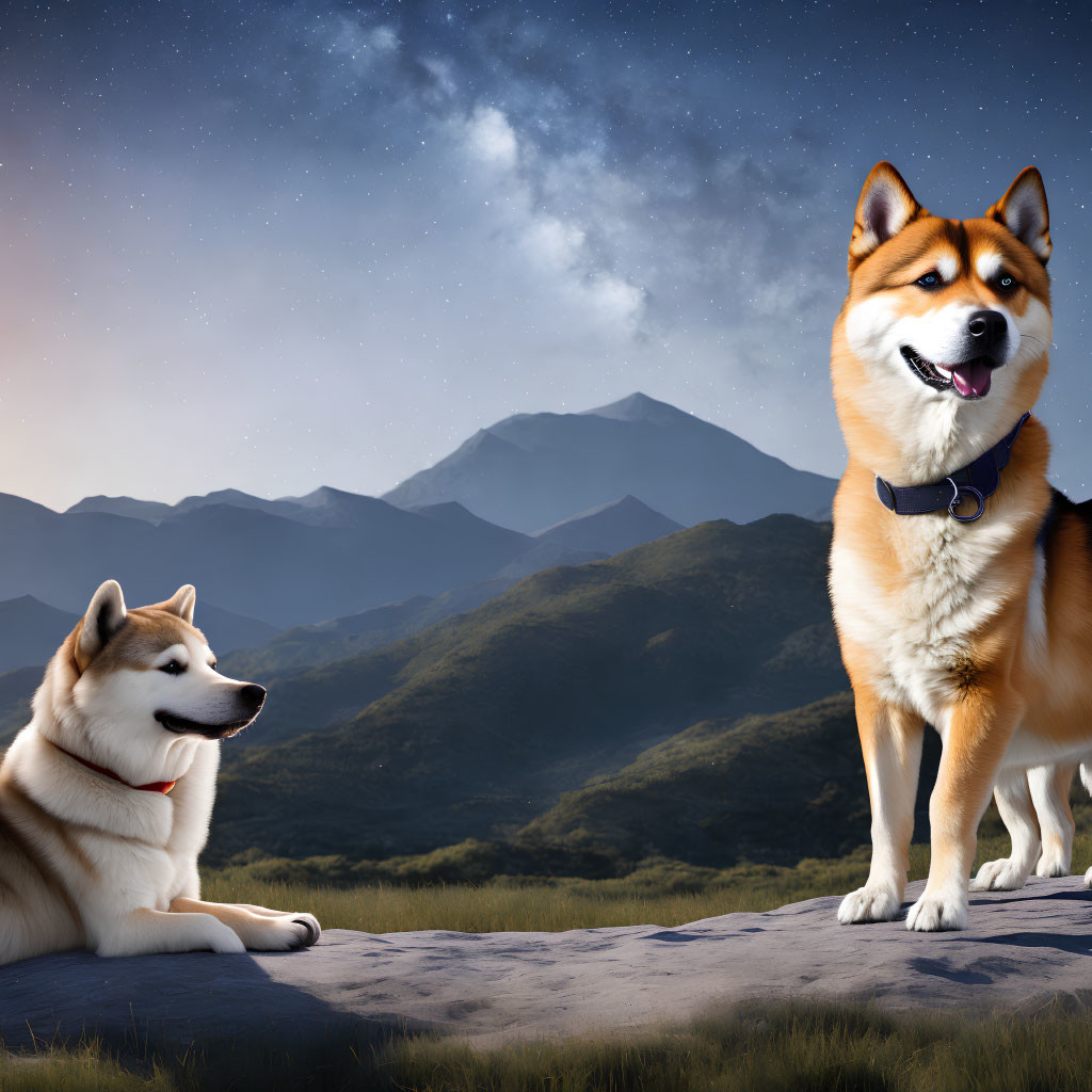 Shiba Inu dogs on mountain backdrop at twilight