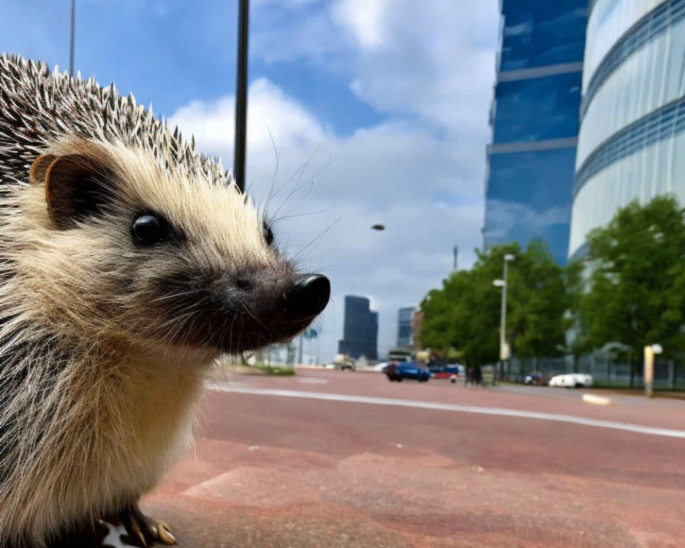 Close-Up Hedgehog on City Sidewalk with Skyscrapers and Blue Sky