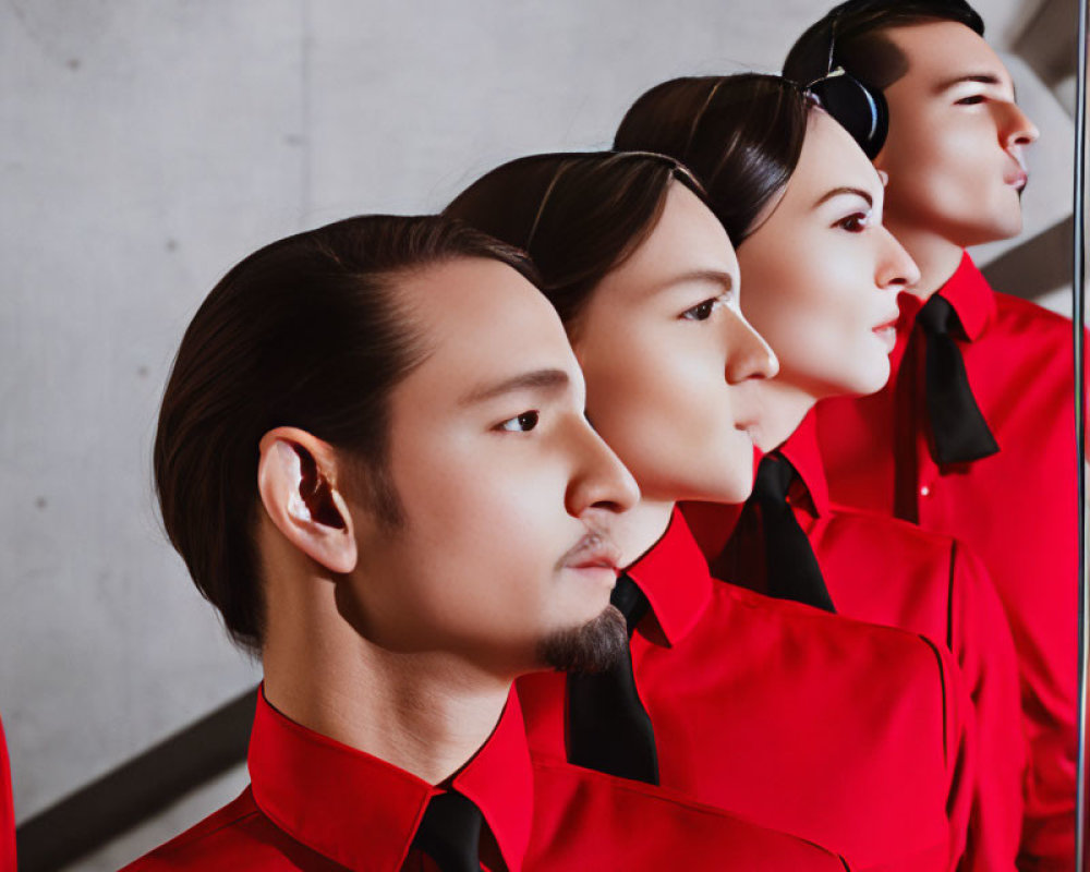 Four Individuals in Red Uniforms with Black Collars on Grey Background