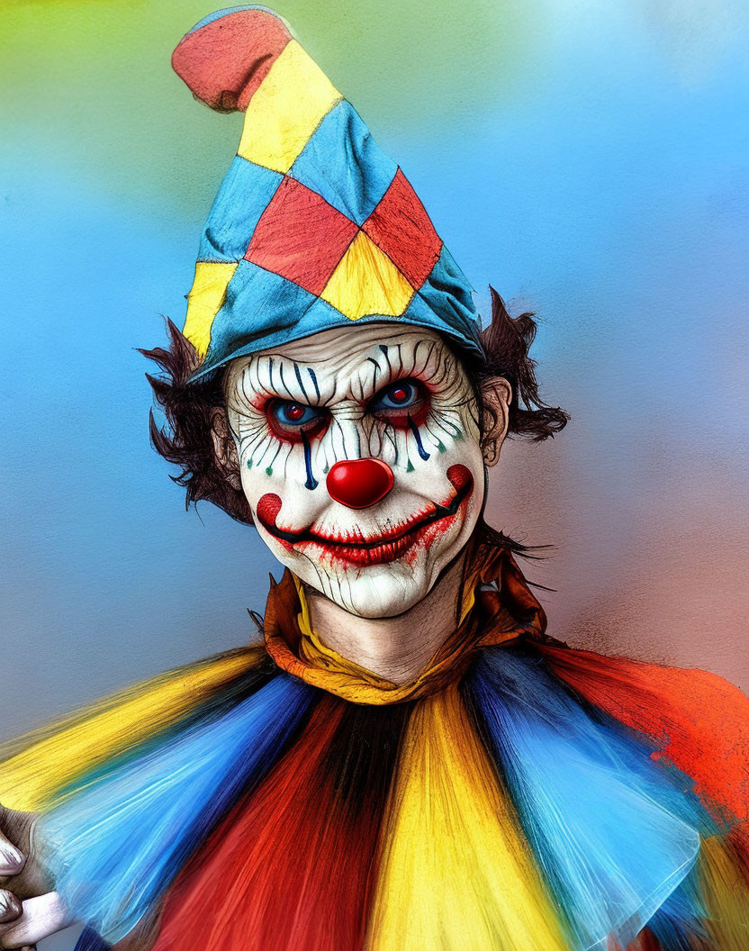 Colorful clown with cone-shaped hat and vivid makeup stares intently