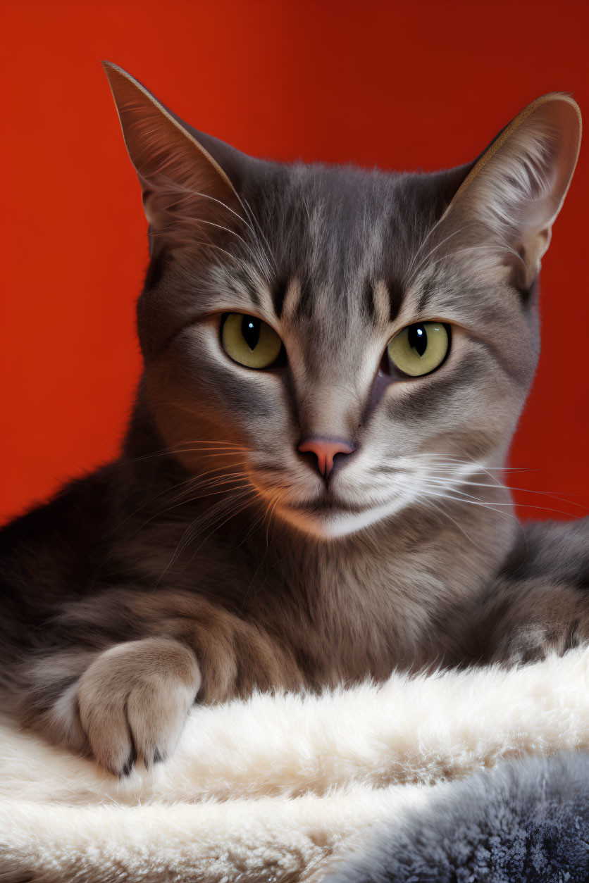 Grey Cat with Yellow Eyes Resting on Fluffy Surface Against Orange Background