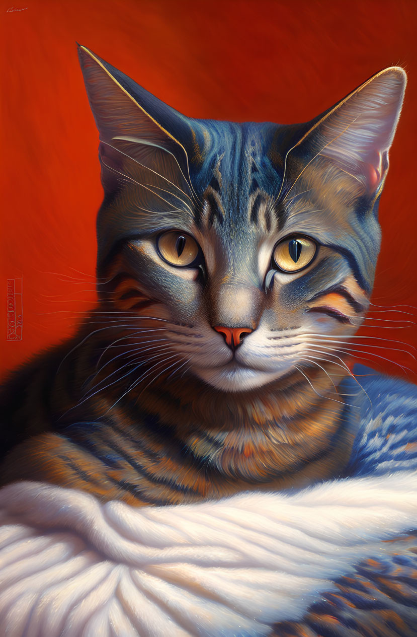 Detailed Illustration of Tabby Cat with Amber Eyes on Red Background