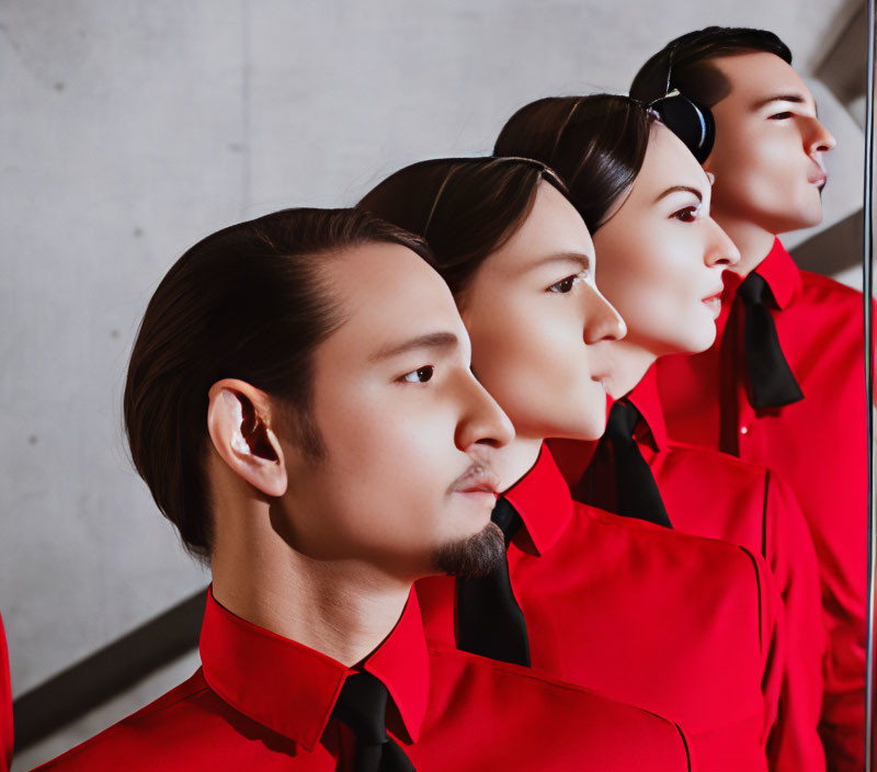 Four Individuals in Red Uniforms with Black Collars on Grey Background