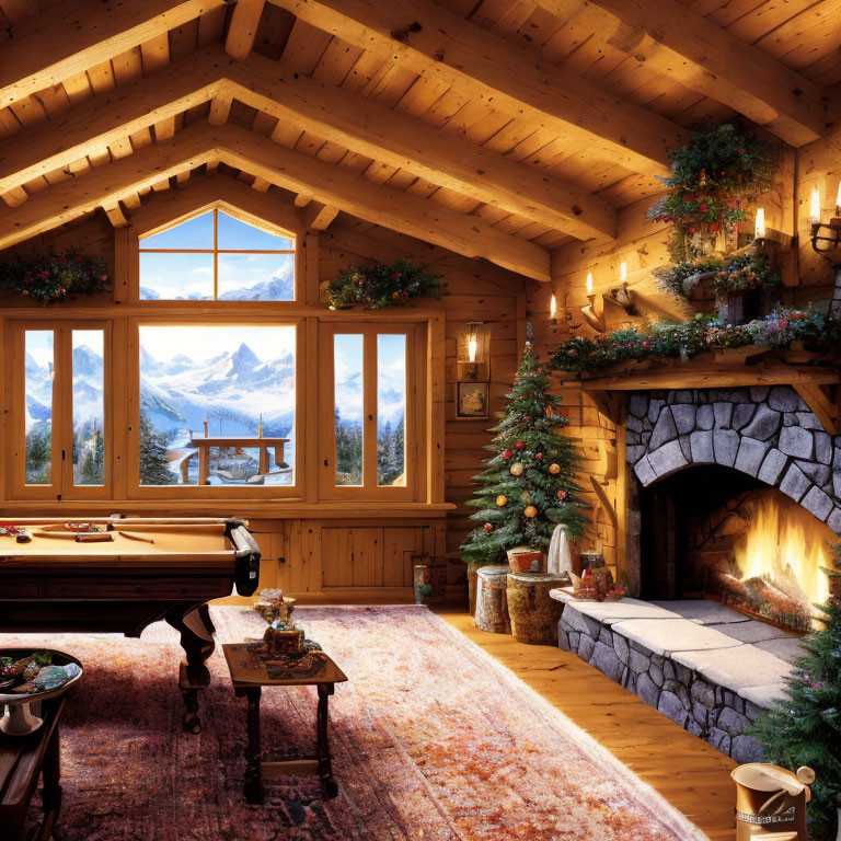 Rustic cabin interior with Christmas decor, fireplace, pool table, snowy mountain view