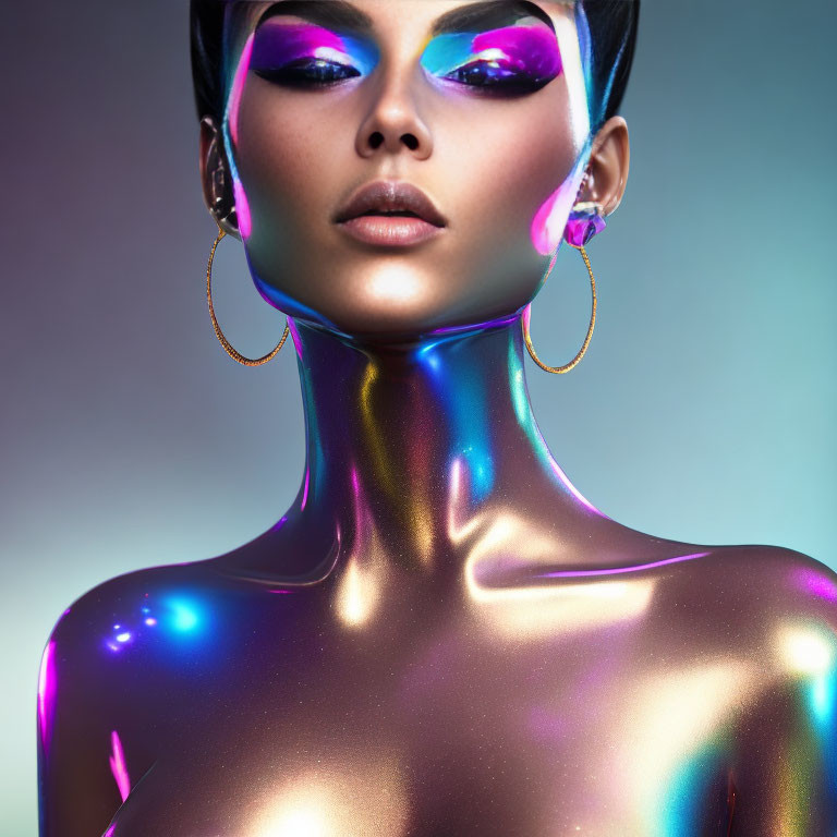 Woman with holographic skin and purple eye makeup on gradient background