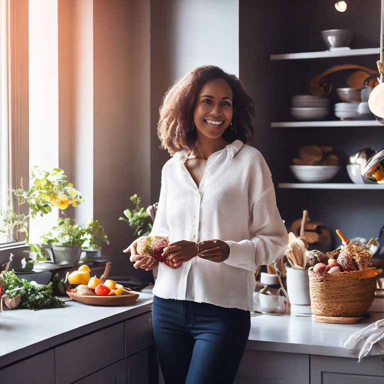 Woman in sunlit kitchen with vegetables, fruits, and artichokes on counter.