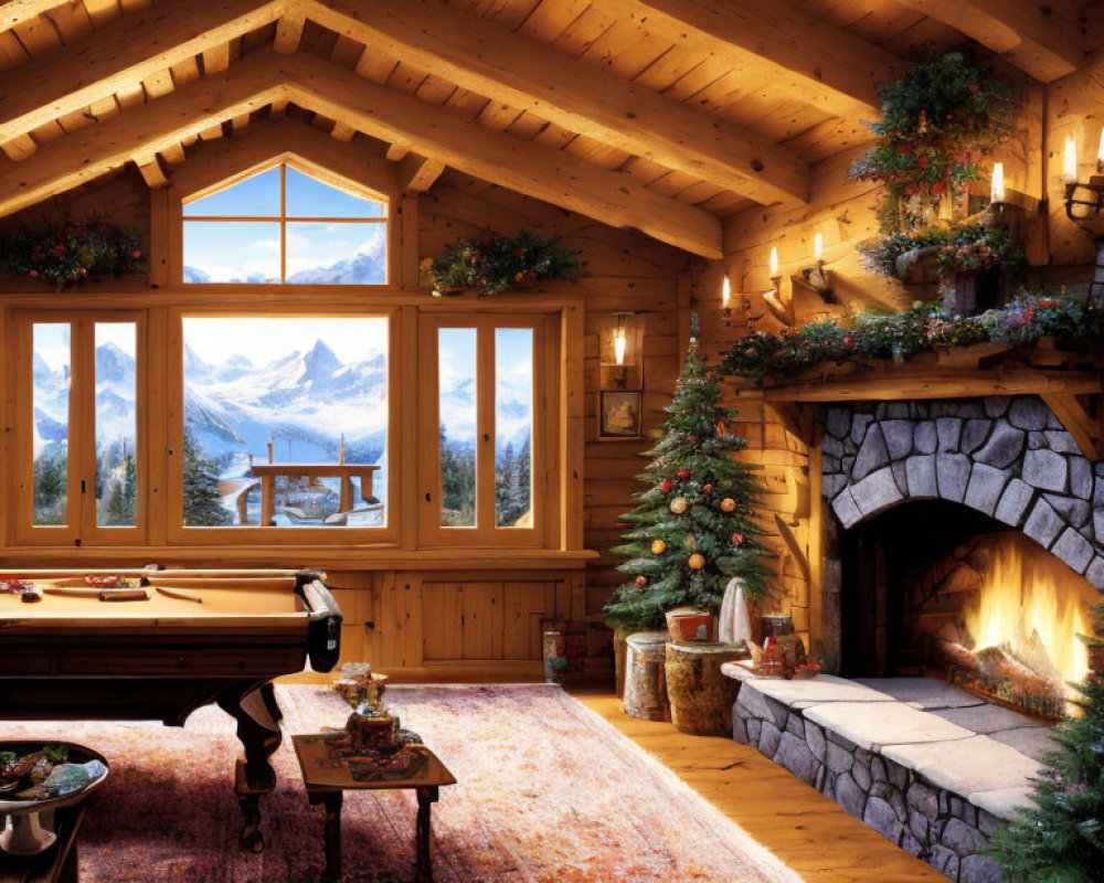 Rustic cabin interior with Christmas decor, fireplace, pool table, snowy mountain view