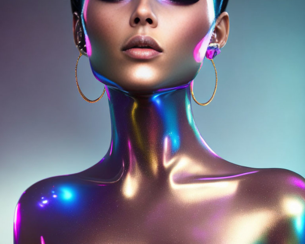 Woman with holographic skin and purple eye makeup on gradient background